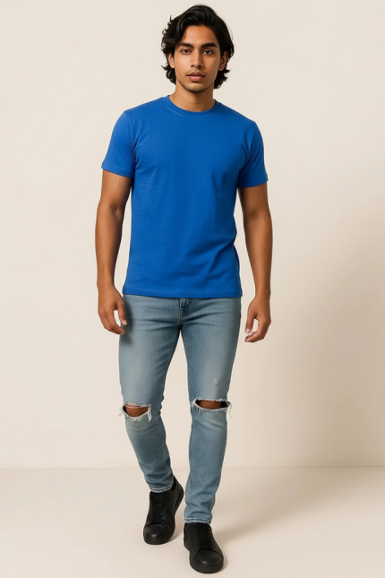 Blue Round Neck Plain T-shirt